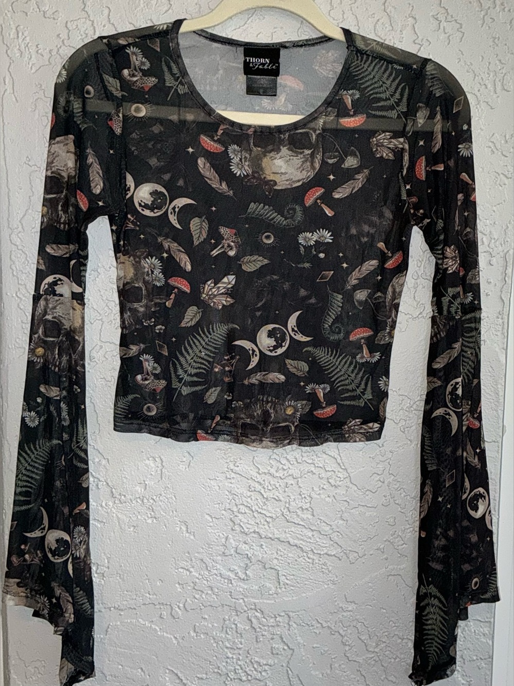 Thorn & Fable Black Sheer Long-Sleeve Mesh Crop Top - Botanical Moon Print